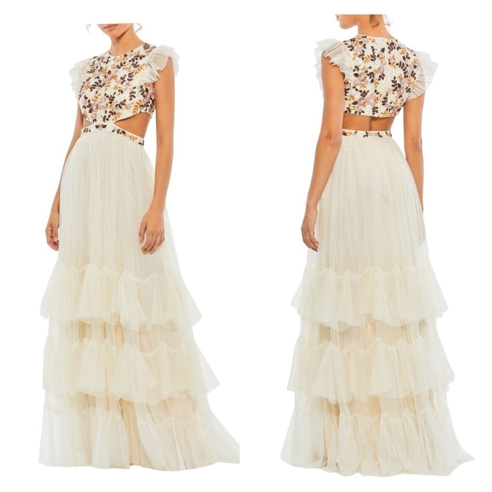 Mac Duggal 35106 Cream Embroidered Cutout Ruffle Maxi Gown Size 10 NWT
